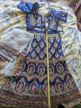 NWOT Blue Embroidered Lengha With Net Duppatta